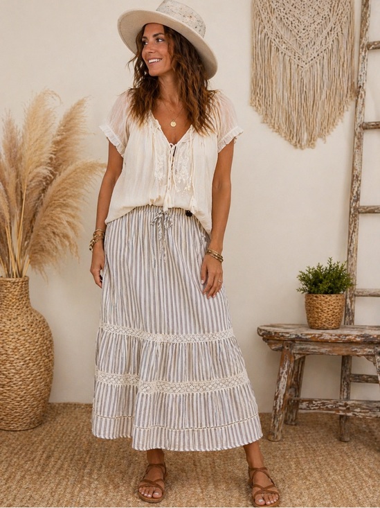 A.C.W. Dresses & Skirts - ✨ NWT Boho Luxe Striped Lace Inset Midi Skirt 42” L XL ✨